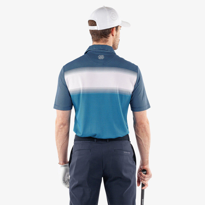 Mirca is a Breathable short sleeve golf shirt for Men in the color Aqua/White/Navy(4)