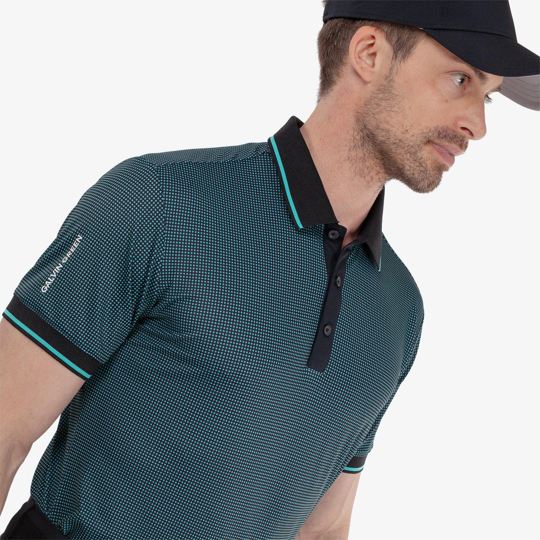 Miller is a Breathable short sleeve golf shirt for Men in the color Black/Atlantis Green(3)