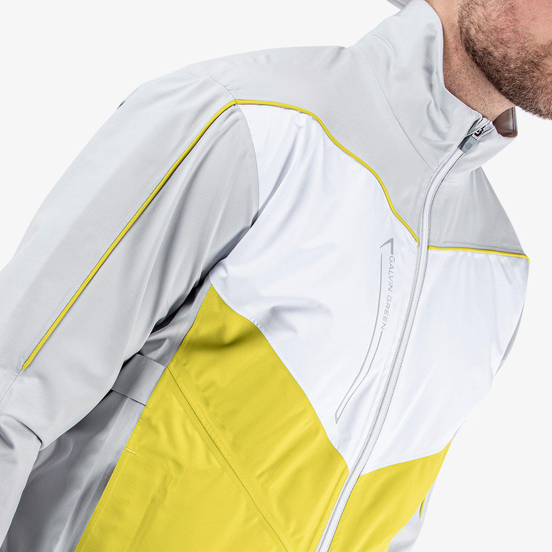 Armstrong is a Waterproof golf jacket for Men in the color Cool Grey/Sunny Lime/White(3)