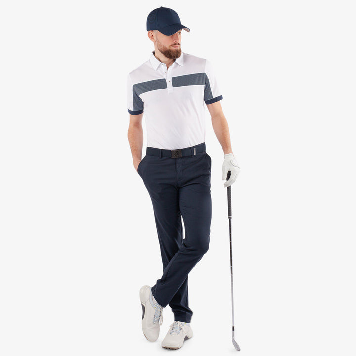 Mills is a Breathable short sleeve golf shirt for Men in the color White/Navy(2)