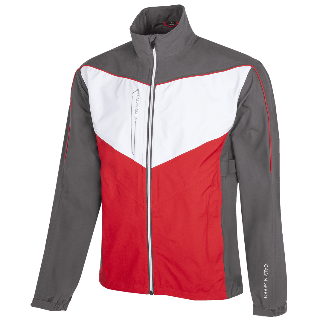 Armstrong is a Waterproof golf jacket for Men in the color Forged Iron/Red/White (0)