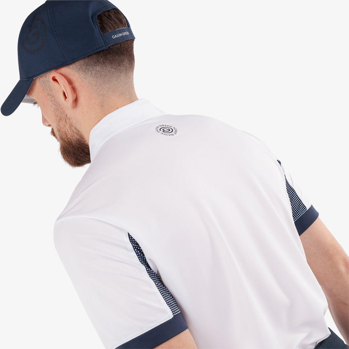 Mills is a Breathable short sleeve golf shirt for Men in the color White/Navy(5)