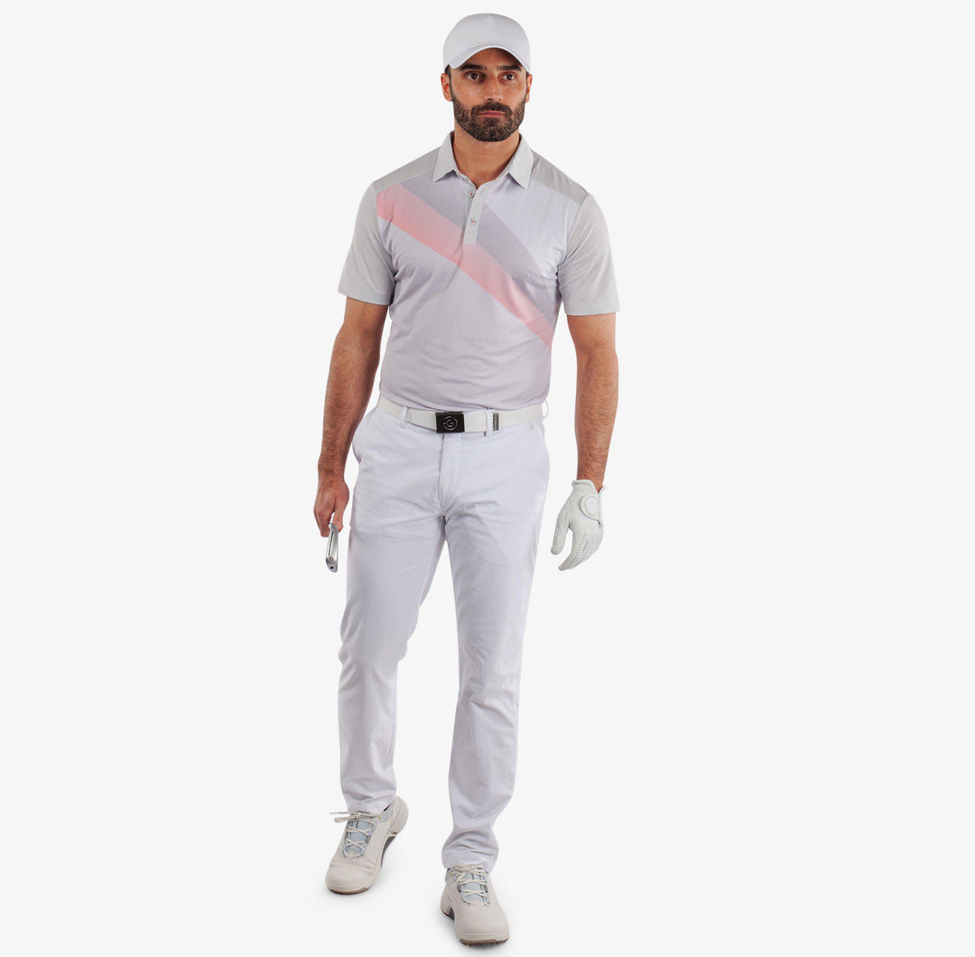 Macoy is a Breathable short sleeve golf shirt for Men in the color Cool Grey/Coral(2)