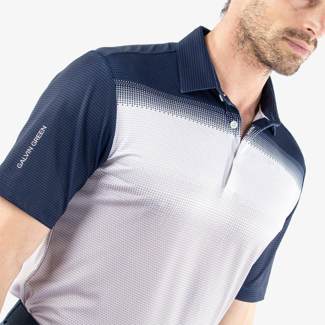 Mirca is a Breathable short sleeve golf shirt for Men in the color Cool Grey/White/Navy(3)