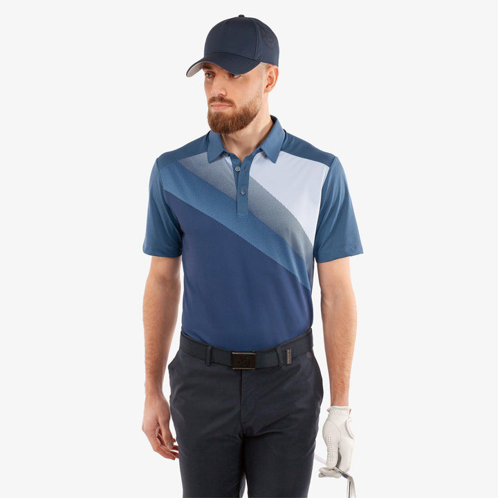 Macoy is a Breathable short sleeve golf shirt for Men in the color Navy/Alaskan Blue(1)
