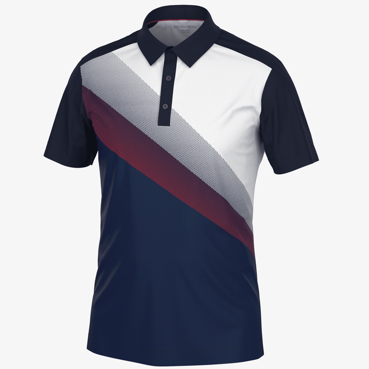 Macoy is a Breathable short sleeve golf shirt for Men in the color Navy/Red(0)