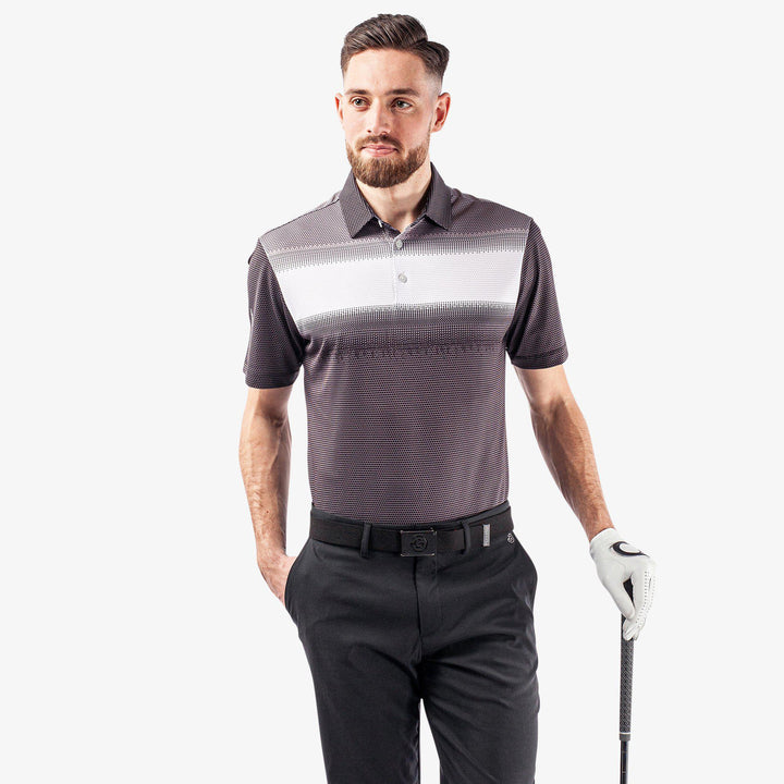 Mirca is a Breathable short sleeve golf shirt for Men in the color Black/White/Sharkskin(1)