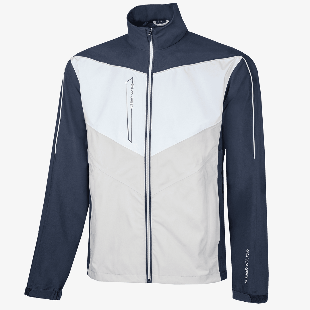 Armstrong is a Waterproof golf jacket for Men in the color Navy/Cool Grey/White(0)