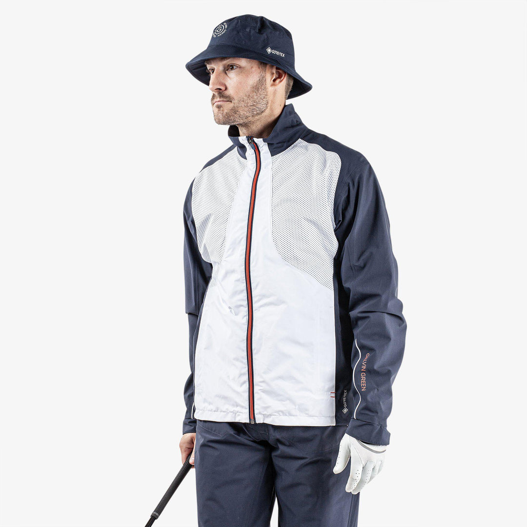 Albert is a Waterproof golf jacket for Men in the color White/Navy/Orange(1)