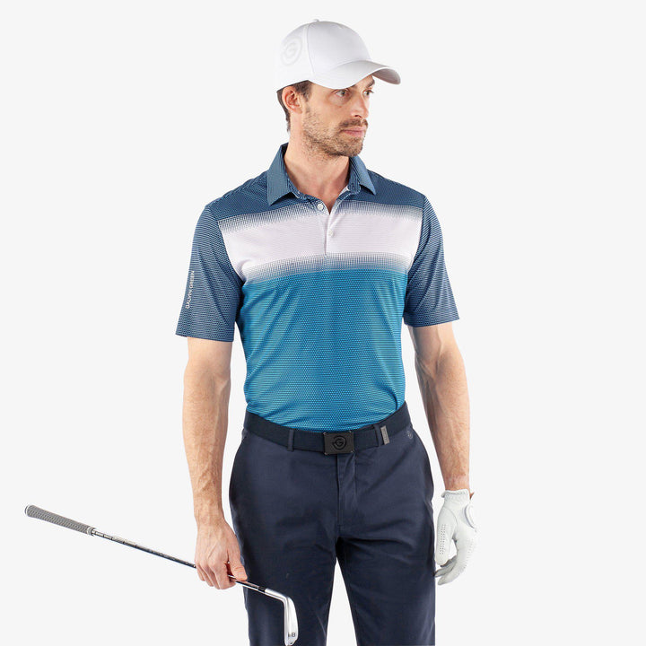 Mirca is a Breathable short sleeve golf shirt for Men in the color Aqua/White/Navy(1)