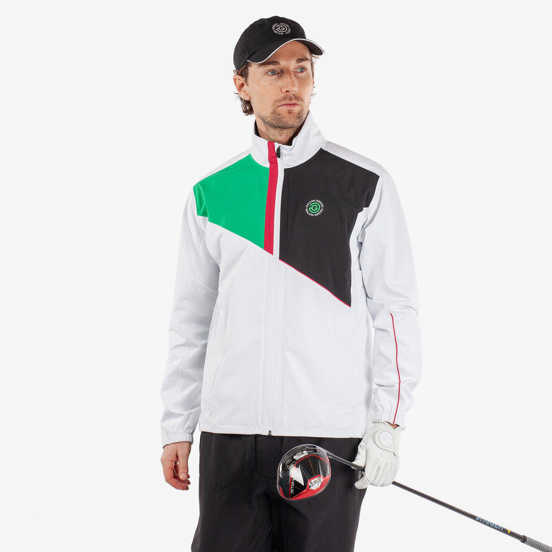 Apollo  is a Waterproof golf jacket for Men in the color White/Black/Cherry(1)