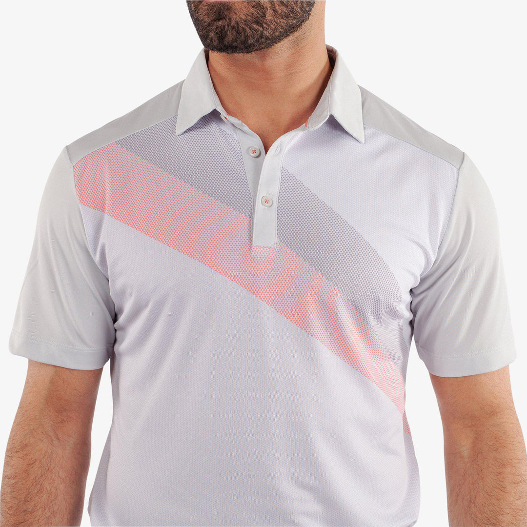 Macoy is a Breathable short sleeve golf shirt for Men in the color Cool Grey/Coral(3)