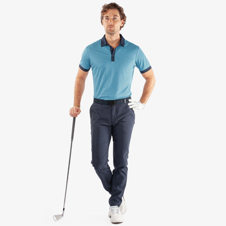 Mate is a Breathable short sleeve golf shirt for Men in the color Aqua/Navy(2)