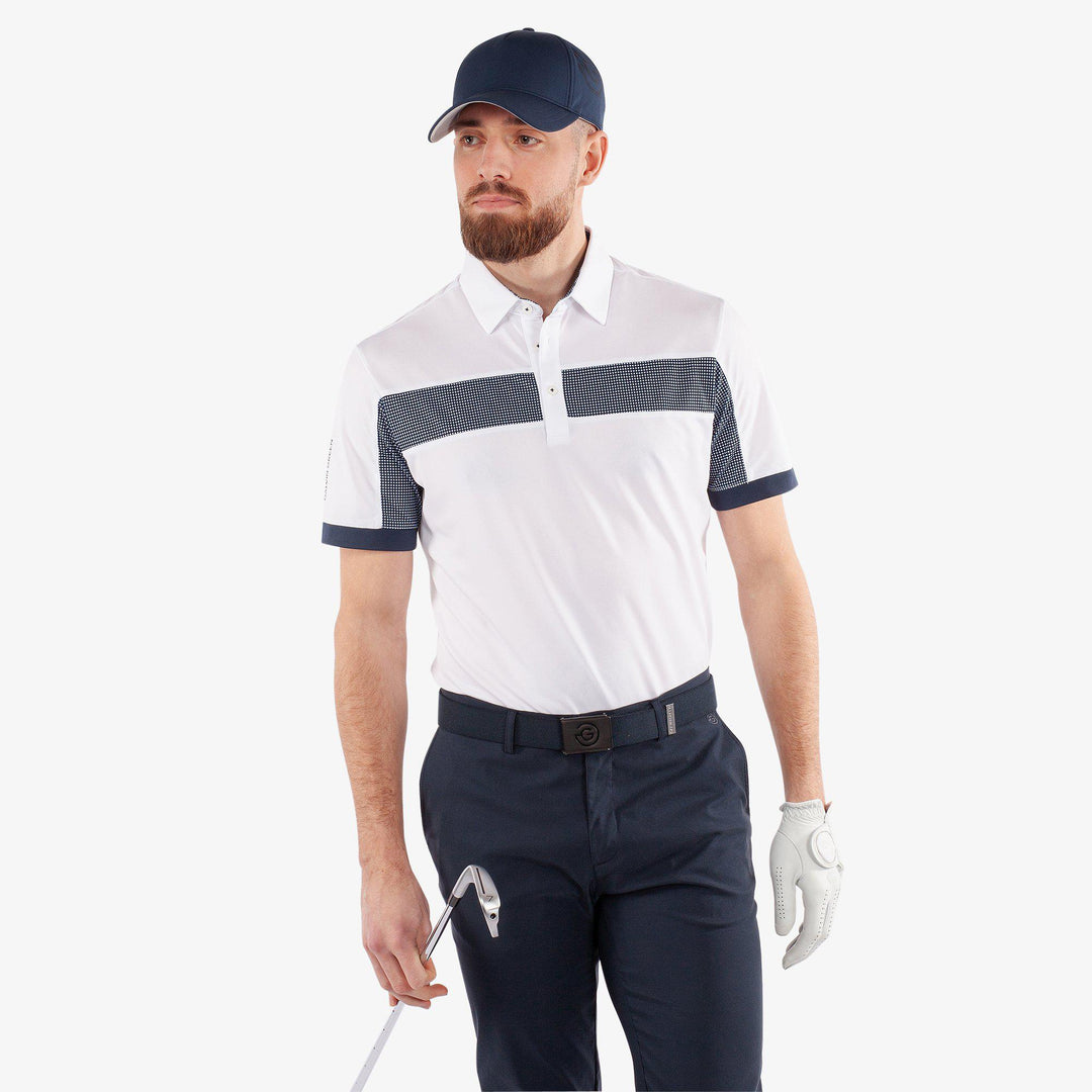 Mills is a Breathable short sleeve golf shirt for Men in the color White/Navy(1)