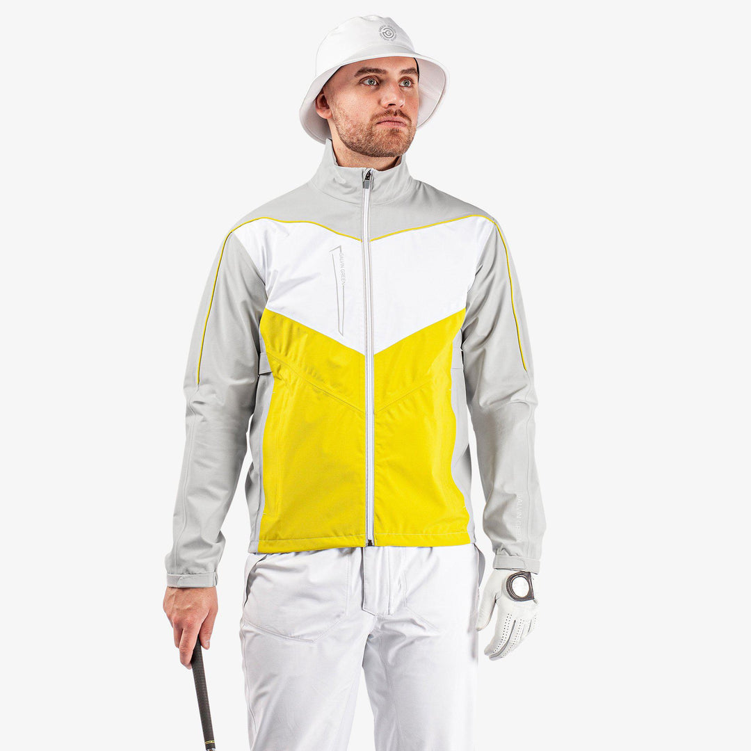 Armstrong is a Waterproof golf jacket for Men in the color Cool Grey/Sunny Lime/White(1)