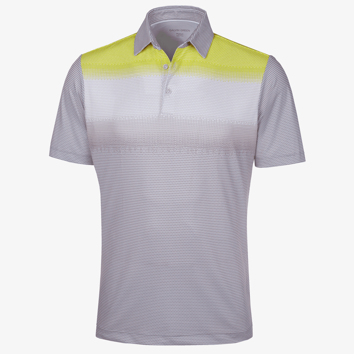 Mirca is a Breathable short sleeve golf shirt for Men in the color Cool Grey/White/Sunny Lime(0)