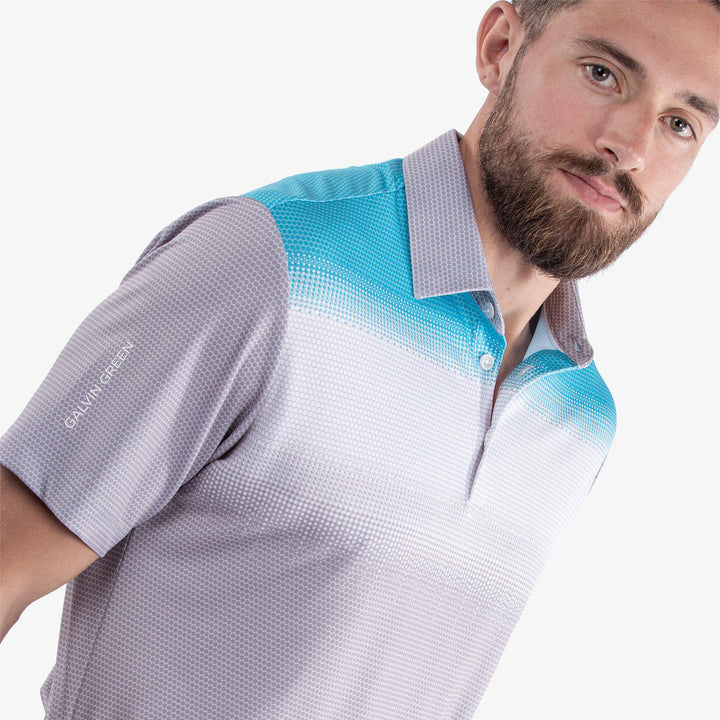 Mirca is a Breathable short sleeve golf shirt for Men in the color Cool Grey/White/Aqua(3)
