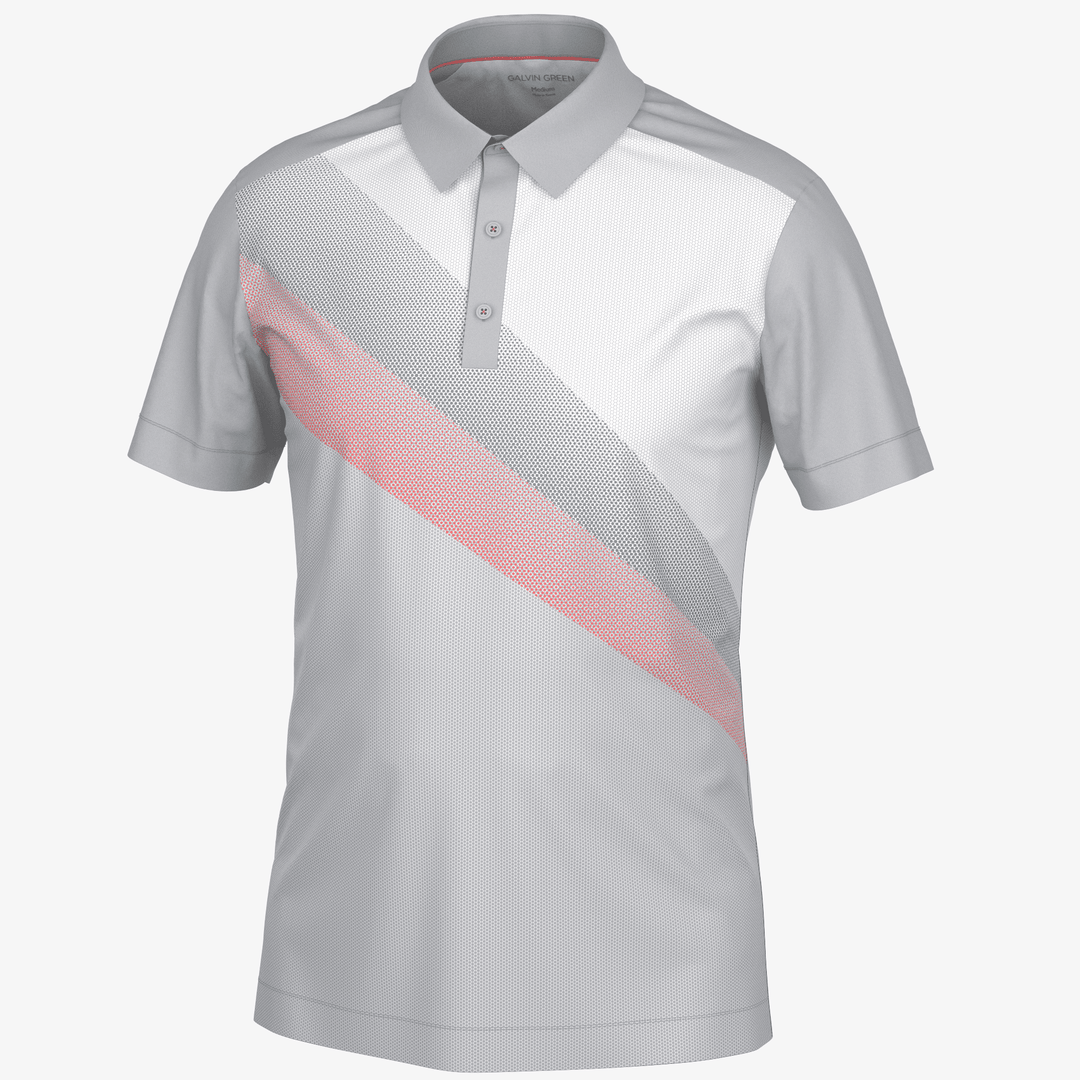 Macoy is a Breathable short sleeve golf shirt for Men in the color Cool Grey/Coral(0)