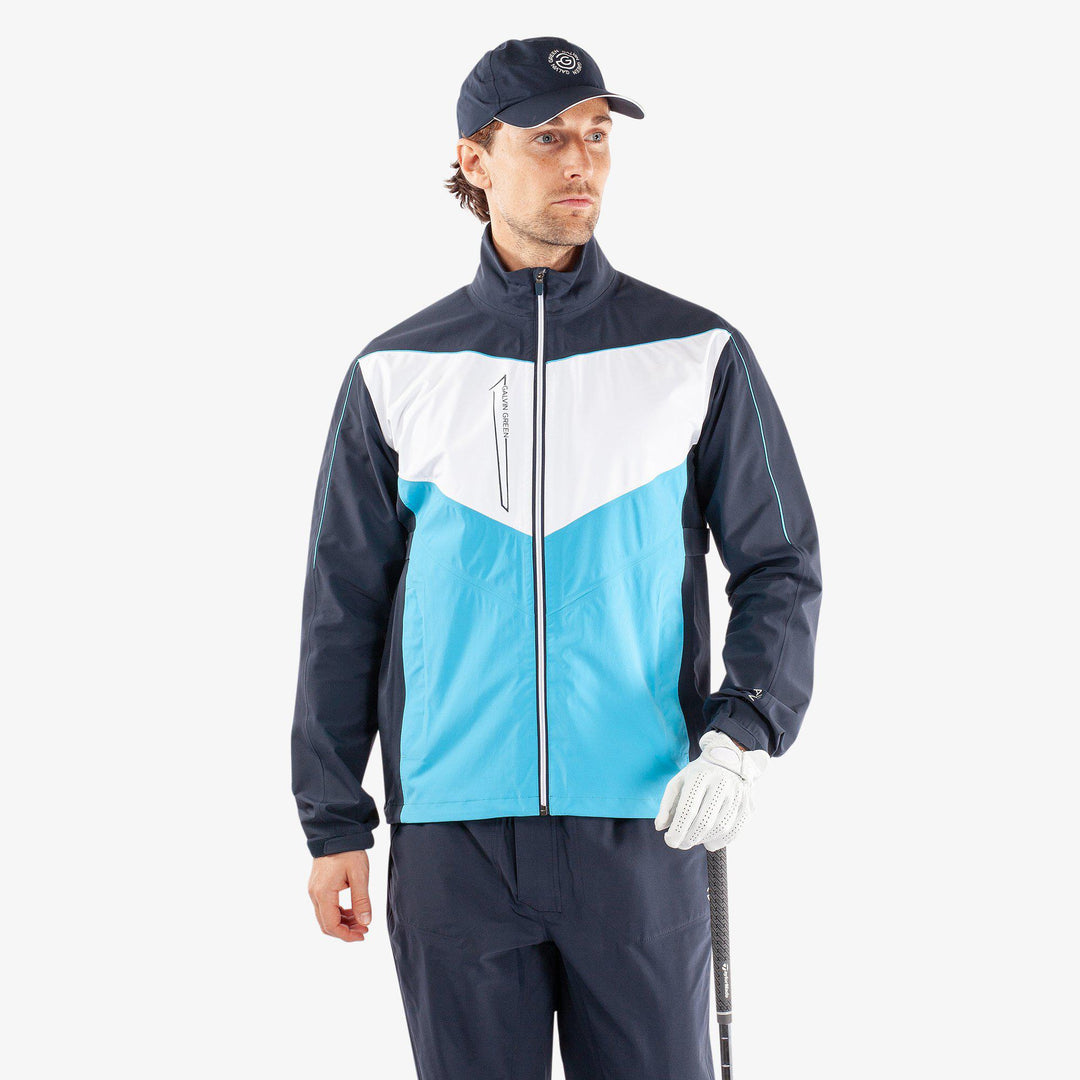 Armstrong is a Waterproof golf jacket for Men in the color Navy/Aqua/White(1)