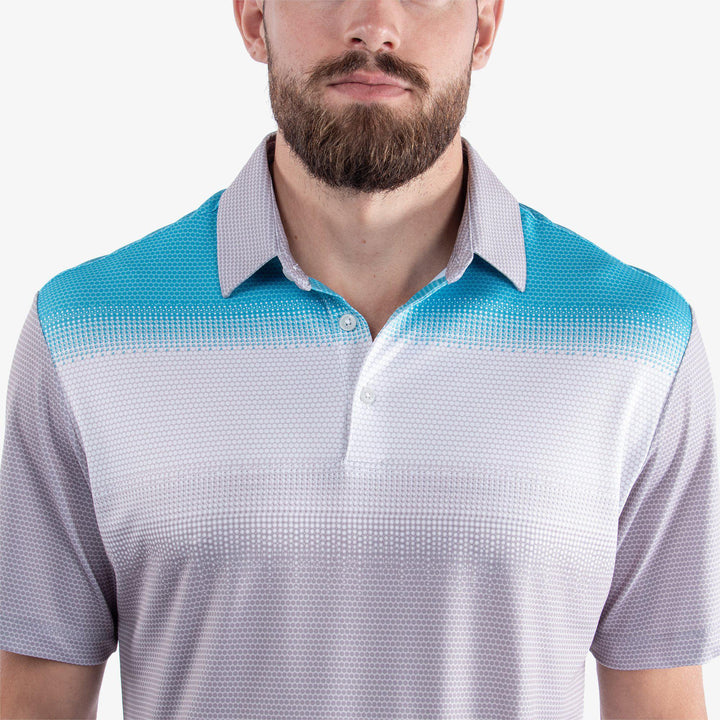 Mirca is a Breathable short sleeve golf shirt for Men in the color Cool Grey/White/Aqua(4)