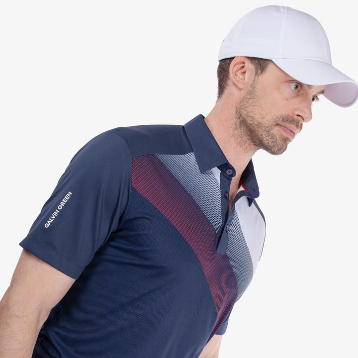 Macoy is a Breathable short sleeve golf shirt for Men in the color Navy/Red(3)