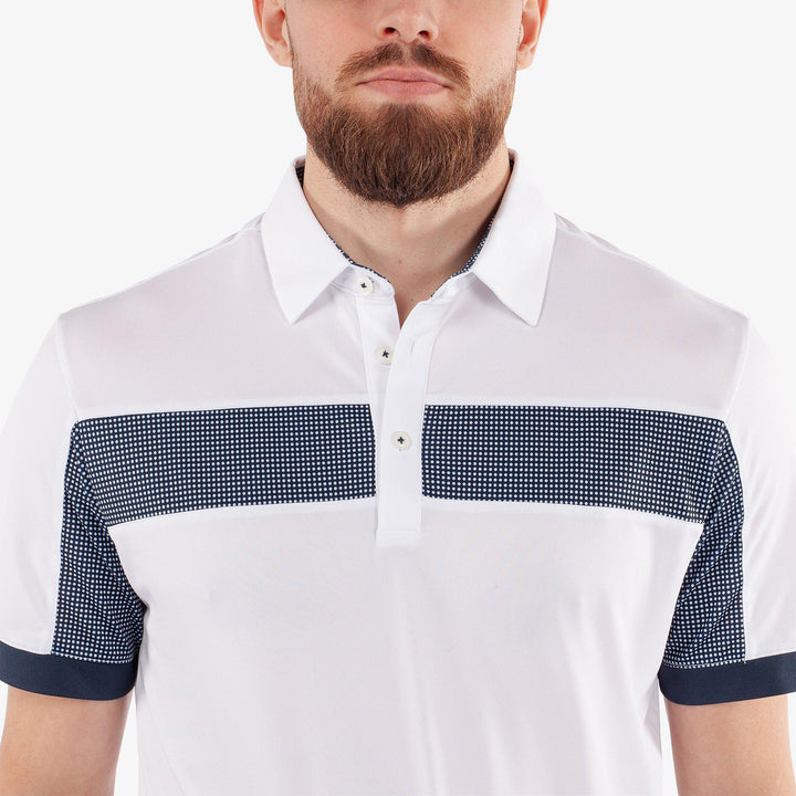 Mills is a Breathable short sleeve golf shirt for Men in the color White/Navy(3)