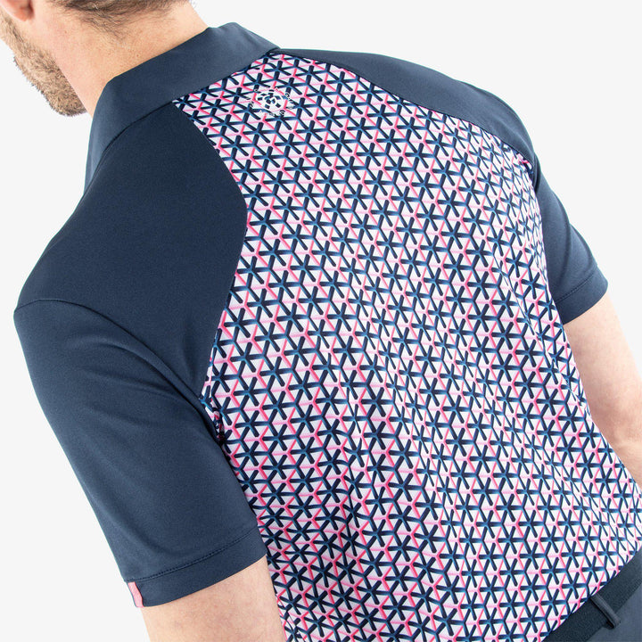 Mio is a Breathable short sleeve golf shirt for Men in the color Camelia Rose/Navy(5)