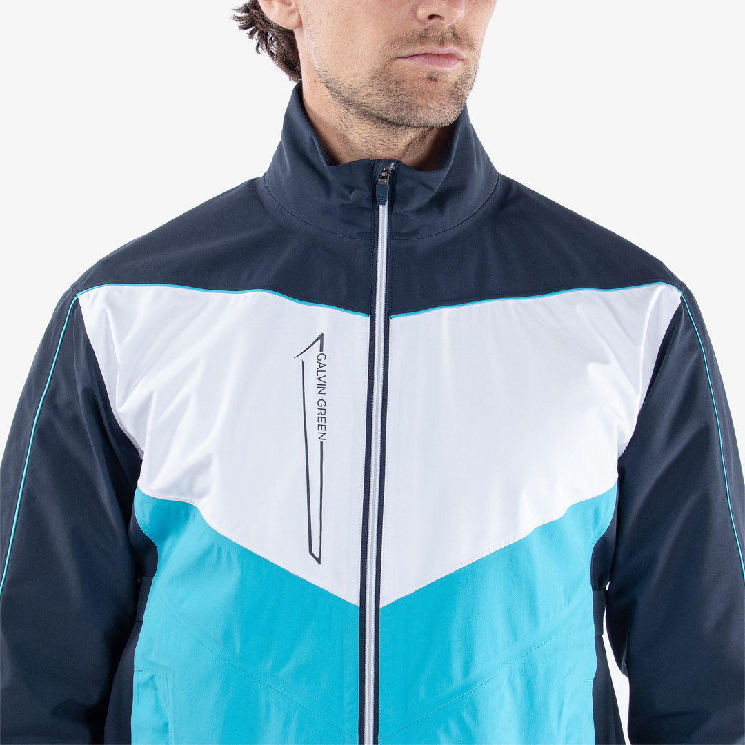 Armstrong is a Waterproof golf jacket for Men in the color Navy/Aqua/White(3)