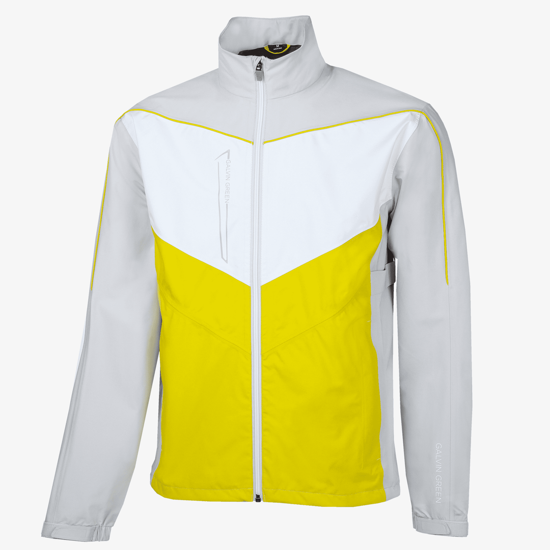 Armstrong is a Waterproof golf jacket for Men in the color Cool Grey/Sunny Lime/White(0)