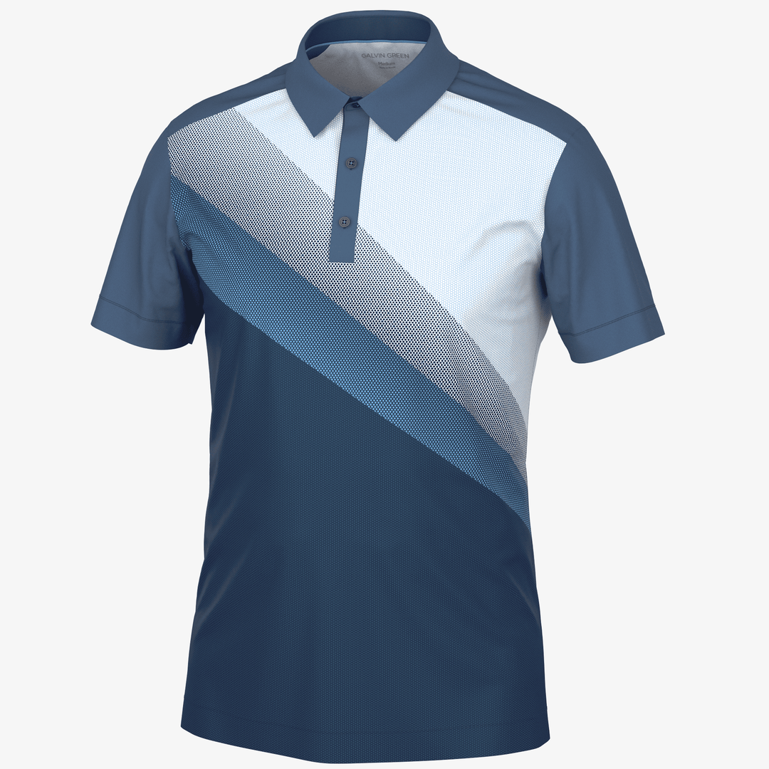 Macoy is a Breathable short sleeve golf shirt for Men in the color Navy/Alaskan Blue(0)
