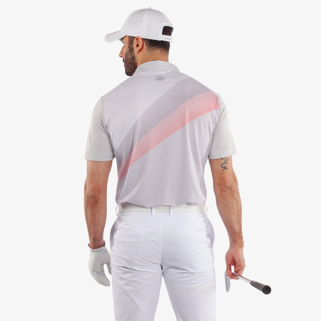 Macoy is a Breathable short sleeve golf shirt for Men in the color Cool Grey/Coral(6)