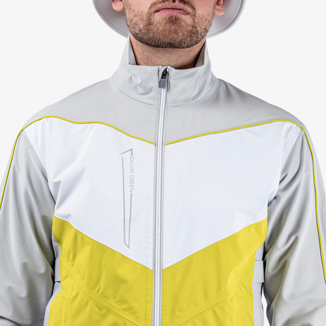 Armstrong is a Waterproof golf jacket for Men in the color Cool Grey/Sunny Lime/White(4)