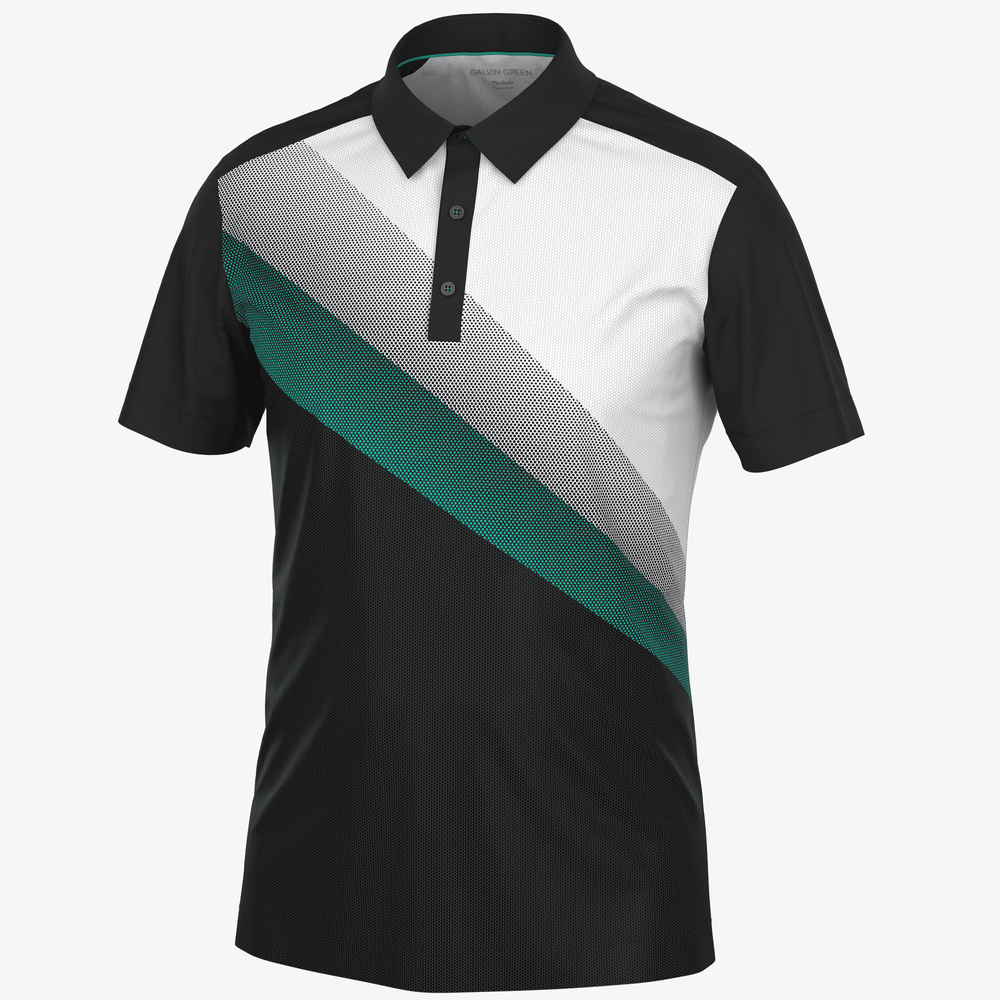 Macoy is a Breathable short sleeve golf shirt for Men in the color Black/Atlantis Green(0)