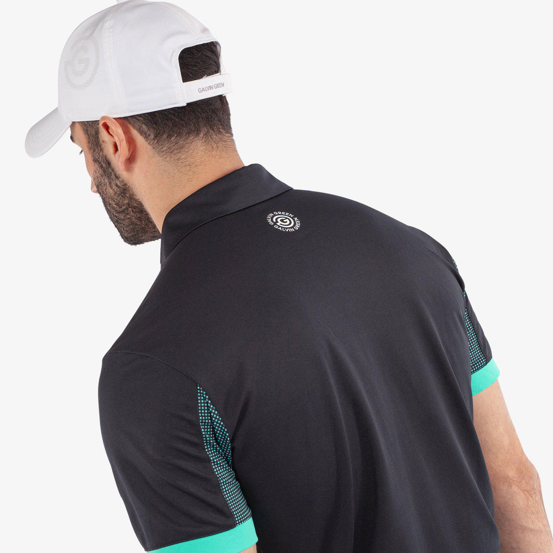 Mills is a Breathable short sleeve golf shirt for Men in the color Black/Atlantis Green(5)