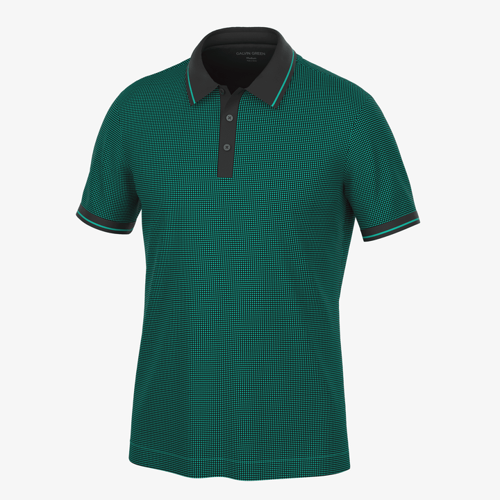 Miller is a Breathable short sleeve golf shirt for Men in the color Black/Atlantis Green(0)